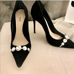 Schutz MuryAnne Black Suede Embellished Pumps